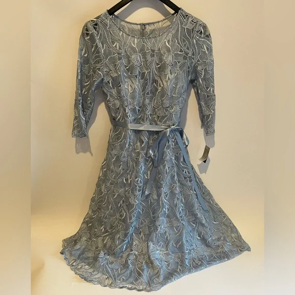 Alex Evenings | Dresses | Alex Evenings Womens Tea Length Embroidered Dress  Illusion Sleeves | Poshmark